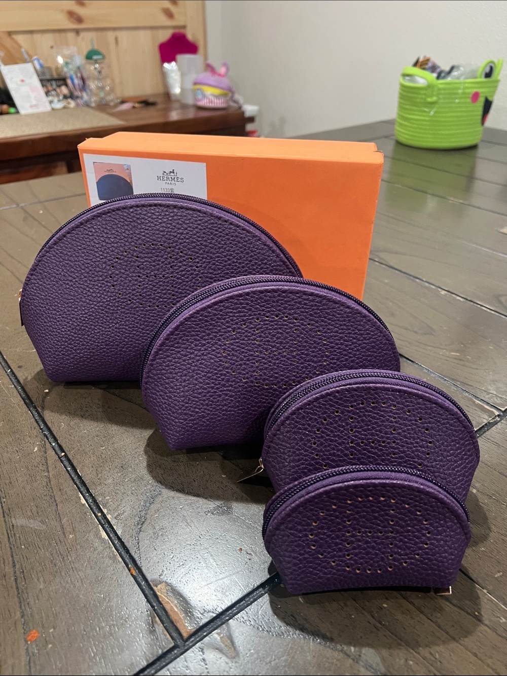 Purple Epsom Leather Cosmetic Pouch Set